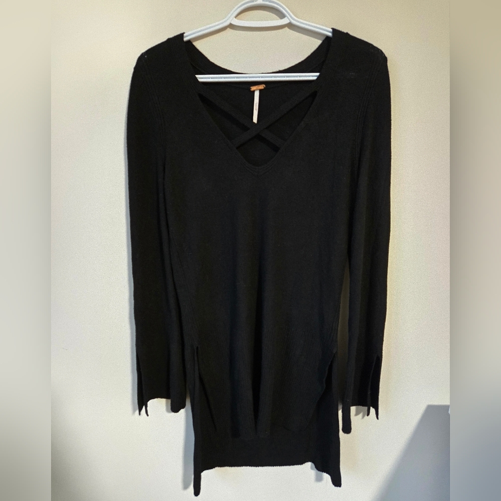 Free People Black‎ Textured Knit Top With Cross Front